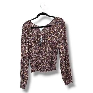 NEW Just Polly Floral Smocked Long‎ Sleeve Top Blouse Fall Femme Woven L